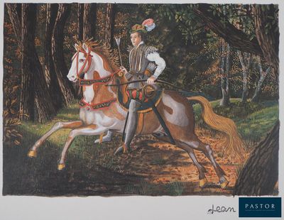 un tableau représentant un homme à cheval dans les bois