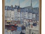une peinture à l'huile d'une scène portuaire avec des bateaux dans l'eau