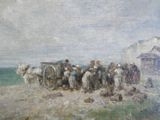 une peinture représentant un groupe de personnes sur une plage