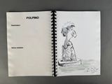 an open notebook with a drawing of a boy sitting on a toilet