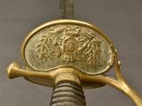 a close up of a sword with a gold emblem on it