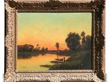 an image of a painting of a sunset over a lake