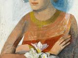 painting of a woman sitting at a table with a vase of flowers