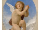 an image of a painting of an angel kneeling on a cloud
