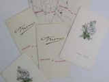six cards with drawings of flowers on them sitting on a table