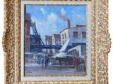 an oil painting of a street scene with a bridge in the background