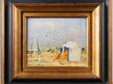 an oil painting of a beach scene with people and sailboats