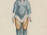an old drawing of a man in a blue outfit