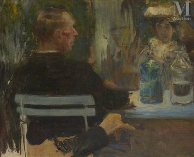 une peinture représentant un homme et une femme assis à une table