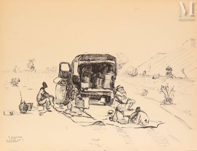 une image représentant un dessin d'un groupe de personnes travaillant sur un camion