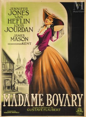 an old movie poster of a woman in a dress and hat