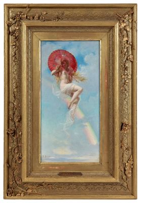une image représentant un tableau où l'on voit une femme tenant un parapluie rouge