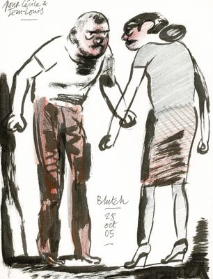 drawing of a man and a woman standing next to each other