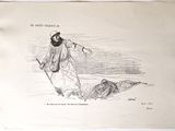 un vieux dessin représentant un homme avec une épée plantée dans le sable