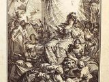 a drawing of a group of people sitting around a man on a horse