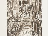 an image of a drawing of a narrow street in a city