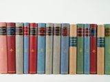 plusieurs livres sont alignés sur une surface blanche