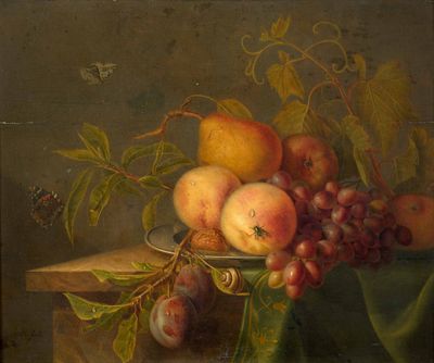 tableau représentant une nature morte composée de fruits posés sur une table recouverte d'une nappe