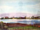 une peinture représentant la vue d'un lac depuis une fenêtre