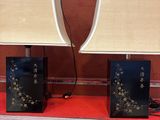 deux lampes posées sur une table rouge