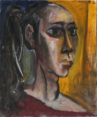 a painting of a woman with a ponytail in her hair