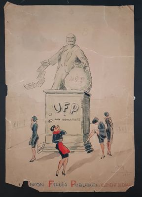 an old drawing of a woman in a red dress standing next to a statue