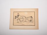 a drawing of a man and a dog running on the beach