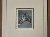 painting of a cat sitting on top of a table next to a wall