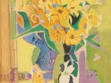 tableau représentant des fleurs jaunes dans un vase vert posé sur une table
