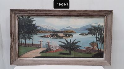 tableau représentant une vue sur un lac, avec des palmiers et des montagnes en arrière-plan