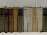 plusieurs vieux livres sont alignés sur une surface blanche