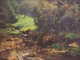 a painting of a stream running through a lush green forest