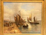 une peinture représentant des bateaux sur l'eau près d'un embarcadère