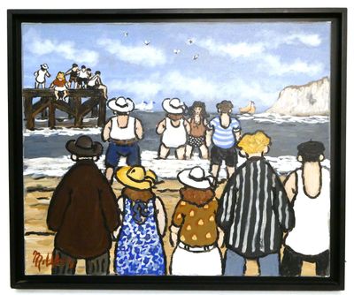 peinture d'un groupe de personnes debout sur une plage au bord de l'océan