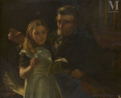 painting of a man and a woman reading a book in a dark room