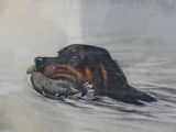 a painting of a dog with a duck in it ' s mouth