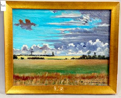 une peinture à l'huile représentant un champ avec des nuages dans le ciel