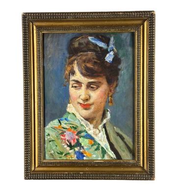 tableau représentant une femme en robe verte avec une fleur bleue dans les cheveux