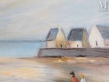 a painting of a couple of people walking on the beach