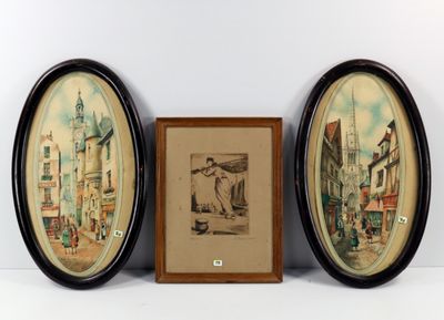 two framed pictures of a couple of people walking down a street
