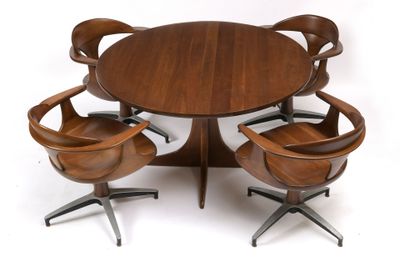 Table de salle à manger à plateau circulaire en teck avec qu…