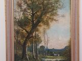une peinture à l'huile représentant un paysage avec une rivière et des arbres