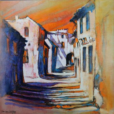 une peinture représentant une peinture d'une rue avec des escaliers et des immeubles