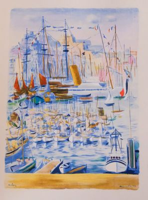 an image of a painting of a harbor filled with lots of boats