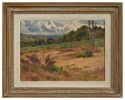 a painting of a field with trees and bushes in the background