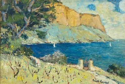 tableau représentant une vue sur l'océan avec un voilier au loin