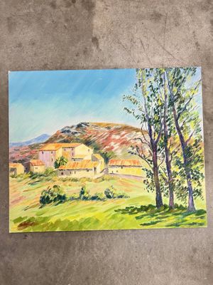 une image représentant un tableau représentant un paysage avec des arbres et des maisons