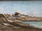 a painting of a view of a beach with houses on the shore