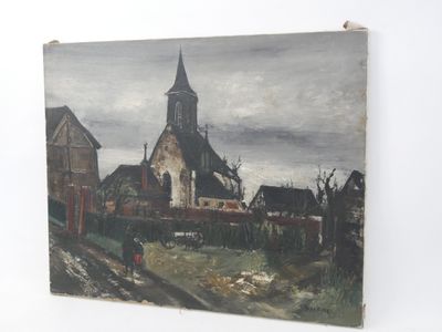 une peinture à l'huile d'une église avec un clocher en arrière-plan
