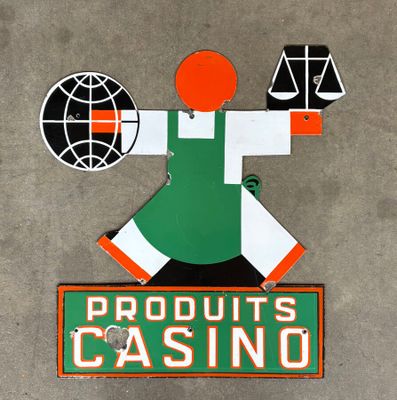 a sign that says products casino with a man holding a shovel